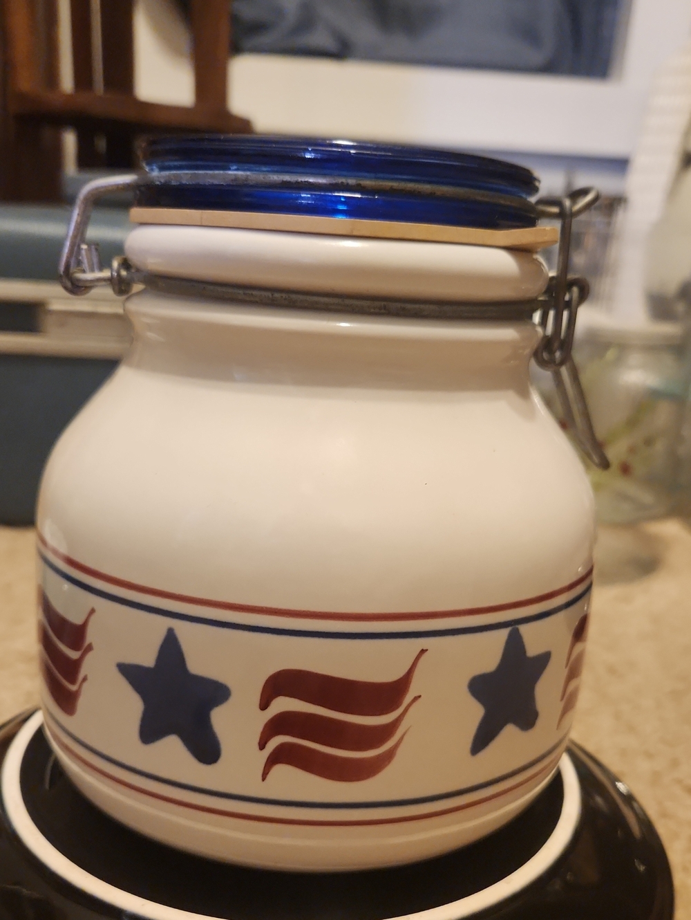 Vintage Ceramic White Patriotic Star Airtight Canister with Blue Lid